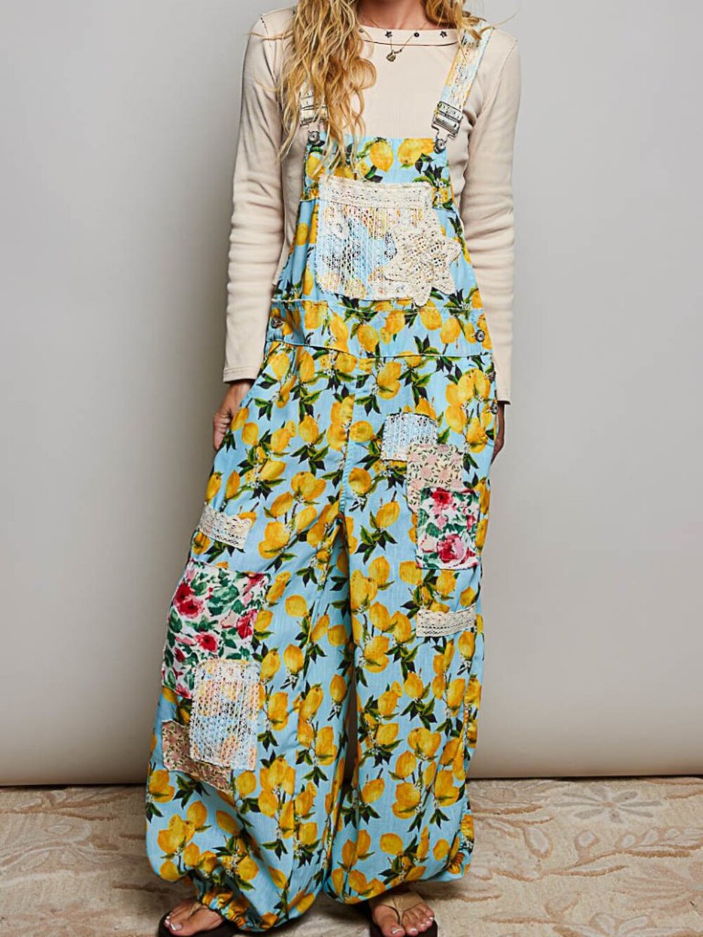 POL Sky Blue & Lemons Woven Patchwork Overall